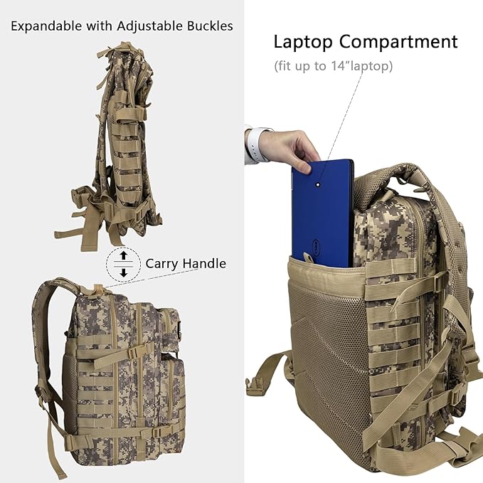 WOLT Military Tactical Backpack for Men 45L Molle Backpack 3 Day Assault Pack Bug Out Bag, Heavy Duty Rucksack for Hiking Gym, Camouflage Khaki