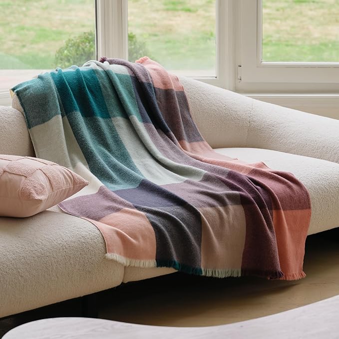 Double Stitch Alpaca Wool Throw Blanket - Warm, Soft Blanket for Couch, Luxury & Decorative Fleece Throw, Fall Plaid, Gift for Mother's Day, House Warming, 50" x 60", Sunset Glow