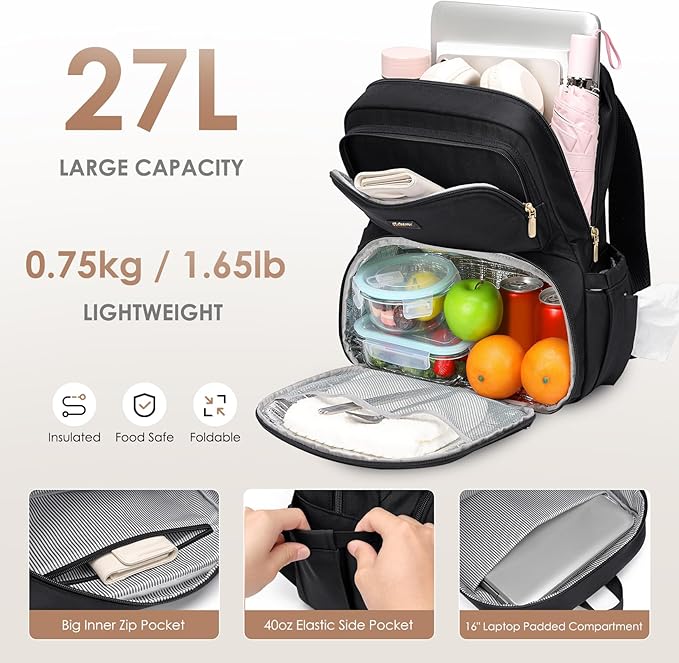 Lunch Backpack for Women Men, 16 Inch Laptop Backpack with Lunch Compartment, Water Resistant Lunchbox Back Pack Meal Prep Cooler Bags Insulated for Nurse Work Teacher Travel