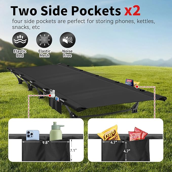 Ultralight Camping Cot for Adults with 2 Side Pocket,Portable Folding Camping Bed Supports 330 lbs,Comfort Sleep Cot Bed for Camping Lightweight Travel,Base Camp,Hiking,Moutaineering,Sleeping(Black)