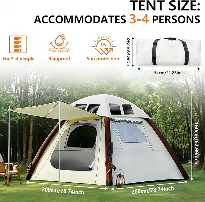 Automatic Pop Up Tents for Camping with Solar Panel, 4000mm Waterproof & UV Protection Blackout Tents for Camping, Easy Setup Instant Tent for Camping Outdoor Backpacking & Hiking