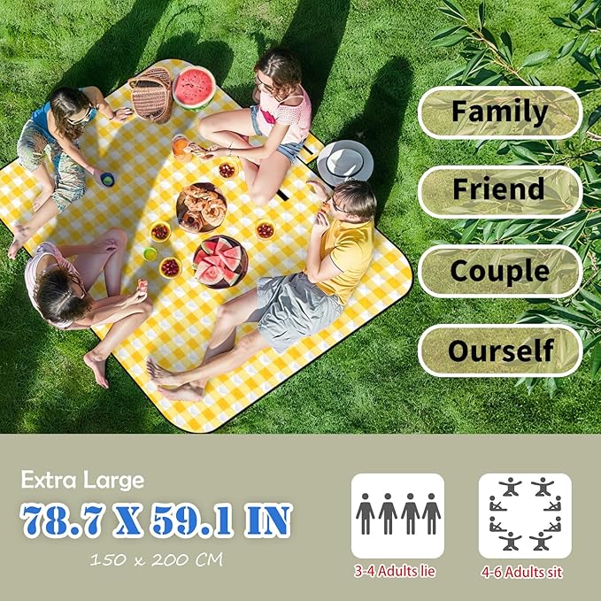 Large Picnic Blankets, 3 Layers Thick Soft Gingham Camping Blanket, 59X79IN Foldable Waterproof Rug, Portable Outdoor Mat for Beach Grass Hiking Park Travel, Sandproof, Machine Washable-Yellow