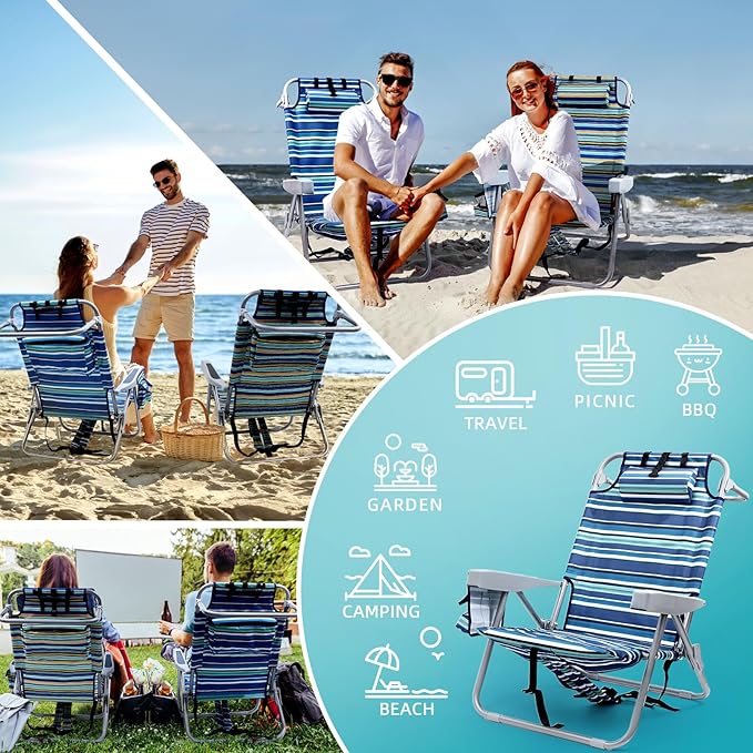 Beach Chairs for Adults Heavy Duty, Compact Portable Lay Flat Folding Chair with Backpack Straps and Large Cooler Pouch, Support to 350LBS (Stripes_Blue&Cyan)