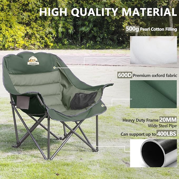 Oversized XL Padded Camping Chair Wide Heavy Duty Lawn Chairs Support 450 LBS Portable Folding Gaint Plus Camp Chair with Side Pocket Cup Holder for Outdoor Outside Sports Baseball-Green