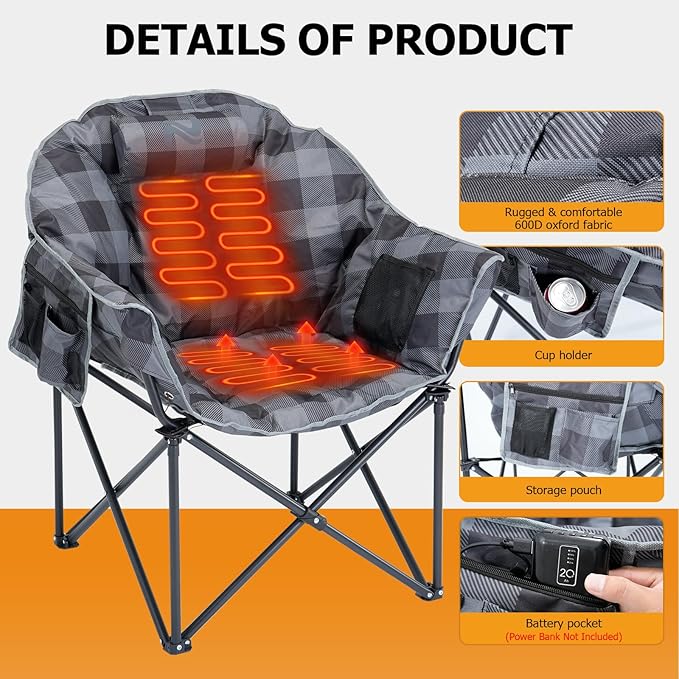 LILYPELLE Oversized Heated Camping Chair, Patio Lounge Chairs with 3 Heat Levels, Portable Folding Heated Chair Round Moon Saucer Folding Lawn Chair Outdoor Chair for Camping, Lounge Patio