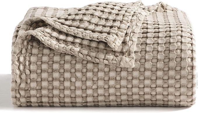 Bedsure Cooling Cotton Waffle Full Size Blanket - Lightweight Breathable Blanket of Rayon Derived from Bamboo for Hot Sleepers, Luxury Throws for Bed, Couch and Sofa, Taupe, 80x90 Inches