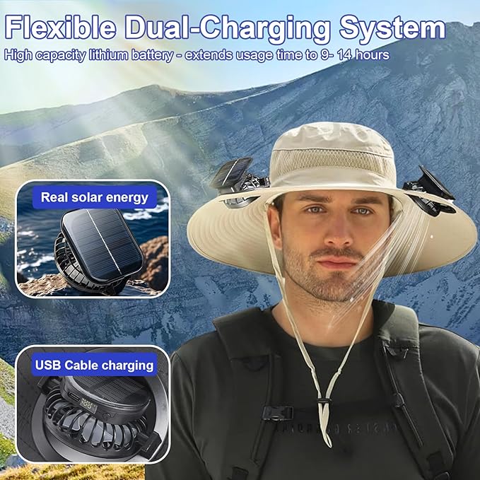 Outdoor Wide Brim Sun Hat with 2 Solar Powered Fan, Bucket Hat for Men Women, Fishing, Gardening & Beach Hat for Men