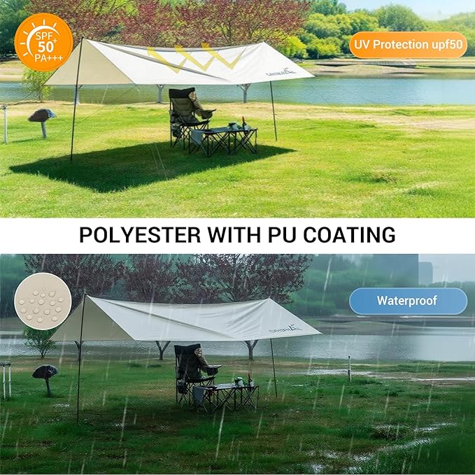 Camping Tarp 13x10ft Waterproof Rain Tarp Portable Multifunctional Outdoor Camping Tent Tarps Lightweight Backpacking Rainfly Shelter with Included Extra Long Lines & Stakes