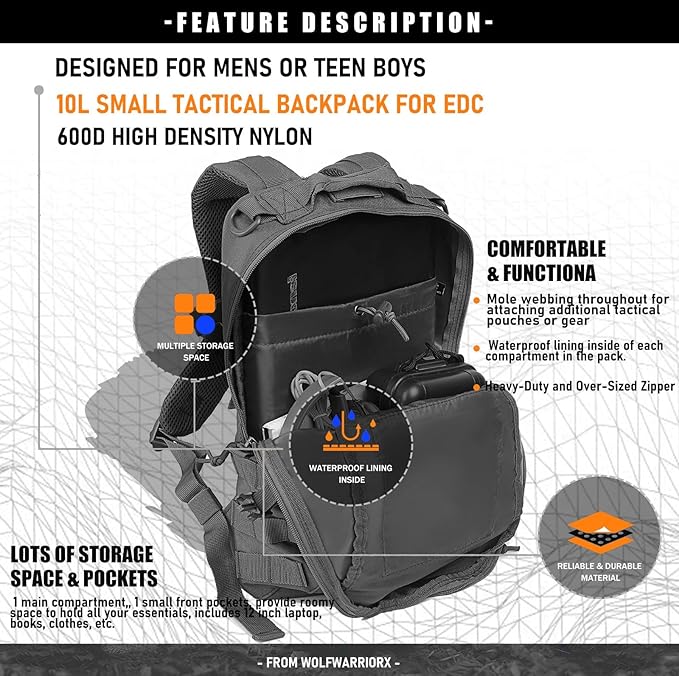 12L Small Backpack Day Pack - Mini Tactical Backpacks Military Daypack Molle Bag Rucksack Bug Out Bag for Hiking (Grey)