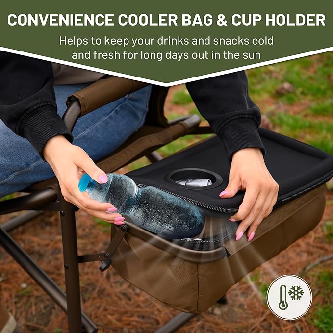 TIMBER RIDGE Folding Camping Chair with Cooler Bag, Director Chair Foldable with Side Table for Adults, Camp Chairs for Outdoor, Lawn, Sports, Fishing, Heavy Duty Supports 300lbs, Earth Brown