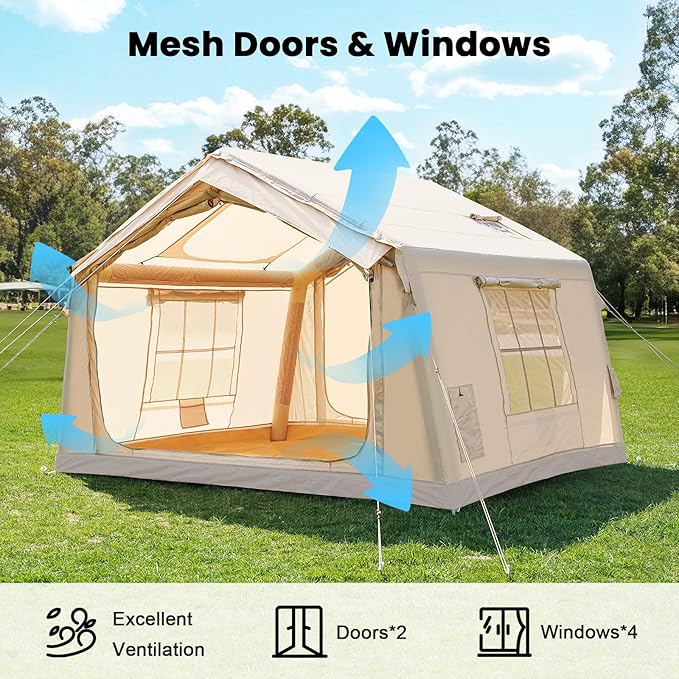 Inflatable Tents for Camping, Blow Up Tent with Hand Pump, Easy Setup Inflatable Hot Tent with Stove Jack, Waterproof Oxford Air Glamping Tents for Camping Adult 4 Person Upgrade Version