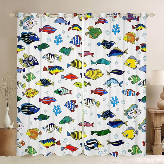 Manfei Cute Fish Blackout Curtains Marine Fish Animals Life Window Drapes,Ocean Fishing Theme Window Treatments,Kids Boys Girls Room Decor,Grommet Top 2 Panel Set Bedroom Curtains, 42Wx63L inch