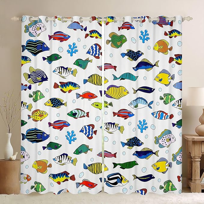 Manfei Cute Fish Blackout Curtains Marine Fish Animals Life Window Drapes,Ocean Fishing Theme Window Treatments,Kids Boys Girls Room Decor,Grommet Top 2 Panel Set Bedroom Curtains, 38Wx45L inch