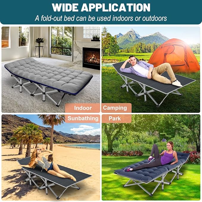 NAIZEA Folding Camping Cots for Adults, Portable Cot with Mattress Heavy Duty Outdoor Bed with Carry Bag 1200d Oxford Cloth Sleeping Cots for Camping Office Nap Home Guest Beach Travel