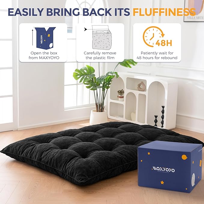 MAXYOYO Floor Mattress Queen Size, 6" Chenille Japanese Futon Mattress Foldable Floor Bed for Adults Tufted Roll Up Floor Couch Bed, Tatami Mat Sleeping Pad for Living Room, Bedroom, Black