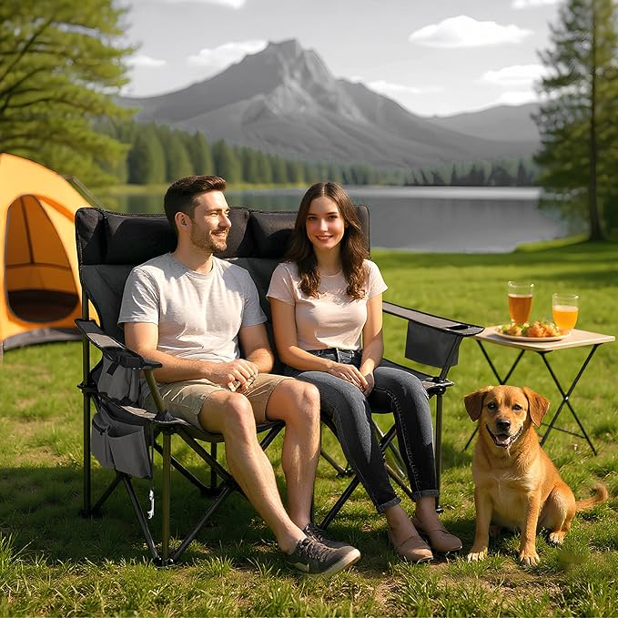 GAOMON Oversized Double Camping Chair with High Back, Pillow - Heavy Duty Folding Loveseat for 900lbs Capacity, Portable Support for Camping, Beach, Backyard