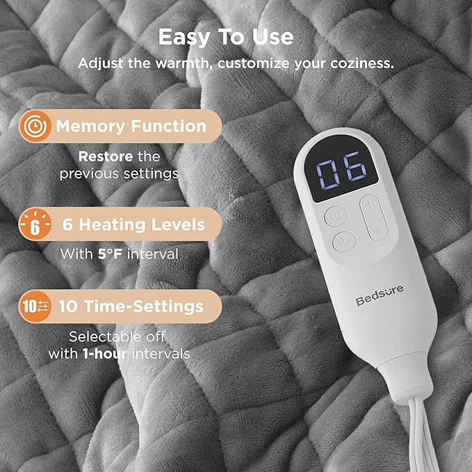 Bedsure Electric Blanket Twin - Quilted Heated Blanket Twin Size, Soft Flannel Thick Heating Blanket with 10 Time Settings & 6 Heat Settings, Warm Gifts for Women Men (62x84 inches, Formal Gray)