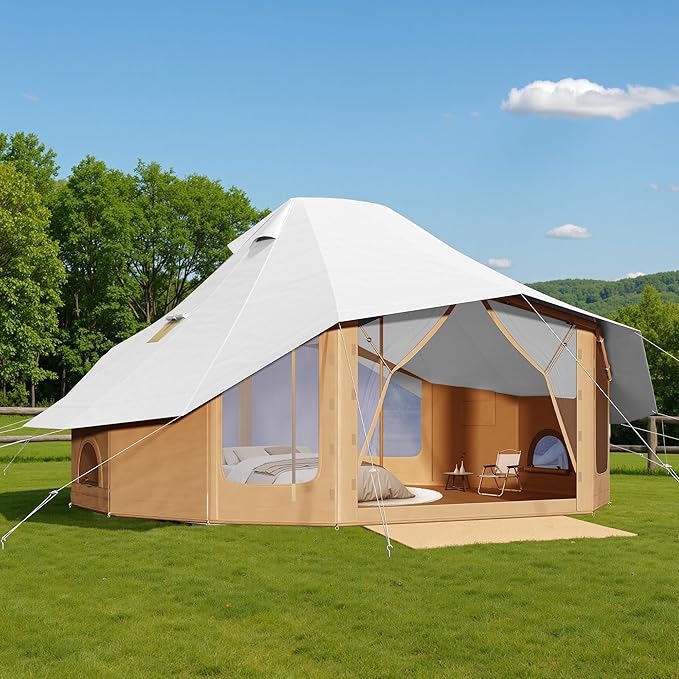 SPECRAFT Canvas Bell Yurt Tents & Inflatable Tent for Camping, Waterproof Glamping Tent with Stove Jack, Breathable Mesh, Snowproofing Spacious 4-Season Family Shelter for Outdoor, Camping, Parties