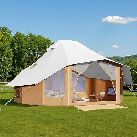 SPECRAFT Canvas Bell Yurt Tents & Inflatable Tent for Camping, Waterproof Glamping Tent with Stove Jack, Breathable Mesh, Snowproofing Spacious 4-Season Family Shelter for Outdoor, Camping, Parties