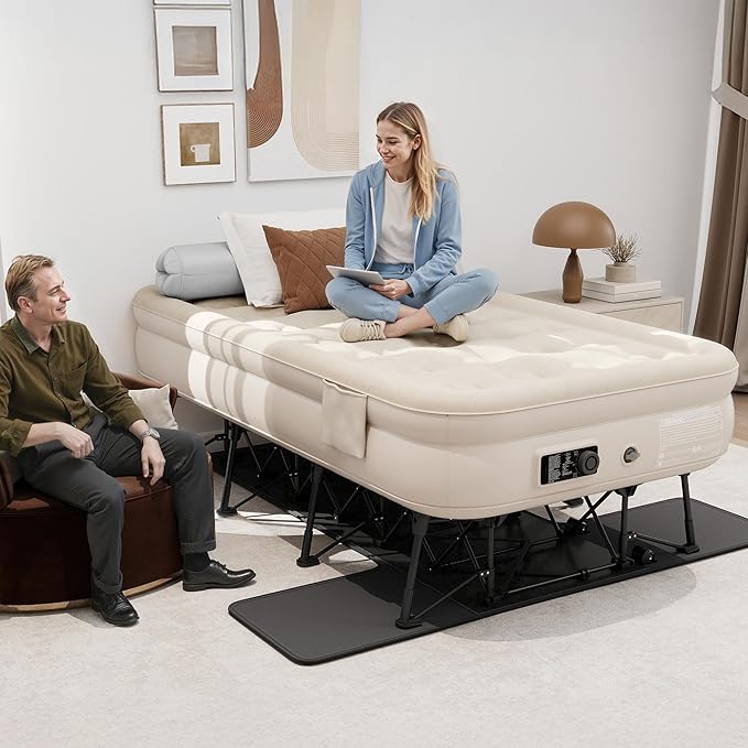 DWVO Inflatable Twin Air Bed with Folding Frame & Rolling Bag, Built-in Pump Blow Up Mattress for Camping, Guest Room & Travel, Portable Air Mattress with Case, 75 x 39 x 24 Inches, Brown