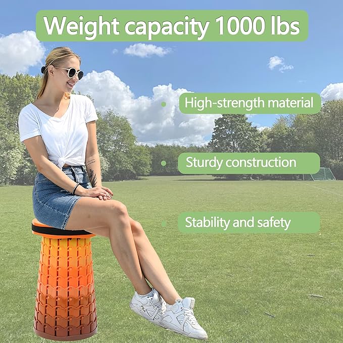 ALEVMOOM 2025 Upgraded XXL Collapsilbe Stool with Cushion,More Sturdy and Height 19.7",D11.8,Portable and Lightweight Adjustable Chair Telescoping Stool for Camping Hiking BBQ Max Loading 1000Ibs