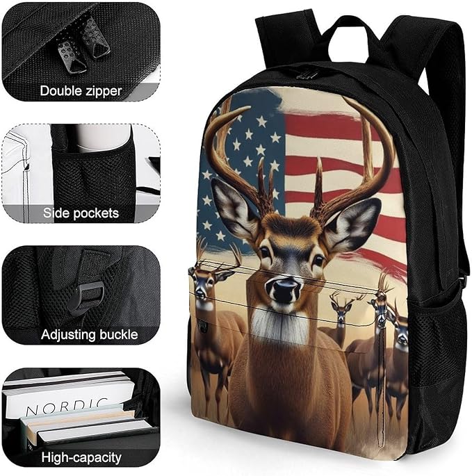 Supdreamc Lightweight Daypack Backpack for Trekking Work Running, Big Capacity Multipurpose Anti-Theft Bookbag, American Us Flag Hunting Deer Business Computer Bag
