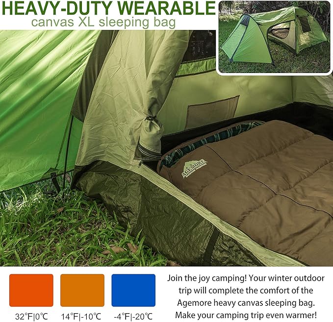 AGEMORE 0 Degree Canvas Sleeping Bag for Adults, Cotton Flannel Sleeping Bag for Winter Camping, Fishing, Hunting or Traveling, Durable Cotton Canvas Shell and Removable Flannel Liner