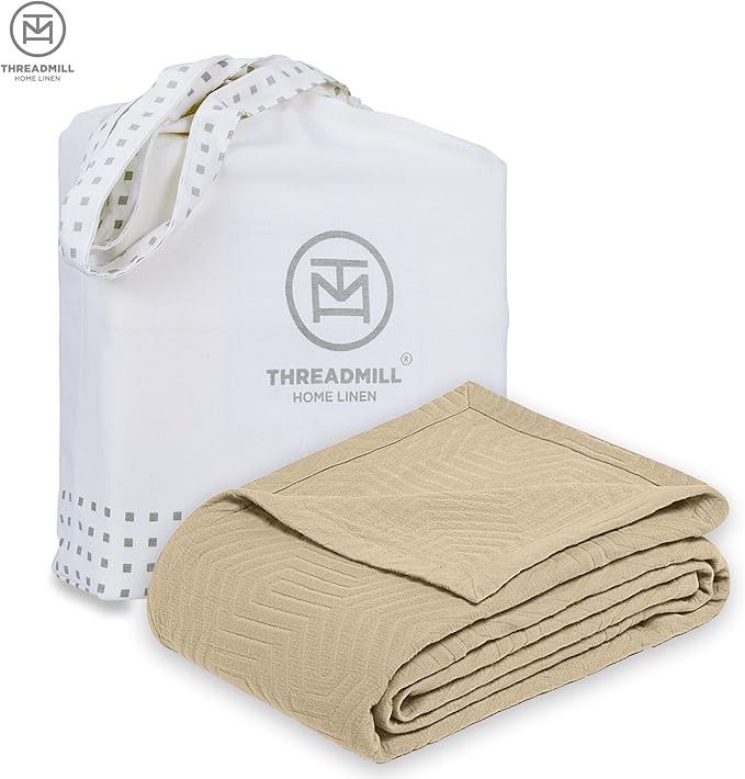 Threadmill Luxury Cotton Blankets for Queen Size Bed | All-Season 100% Cotton Queen Size Blanket | Aster Jacquard Cozy Lightweight, Soft Breathable Coverlet fits Full Size Bed, 90x92 | Beige