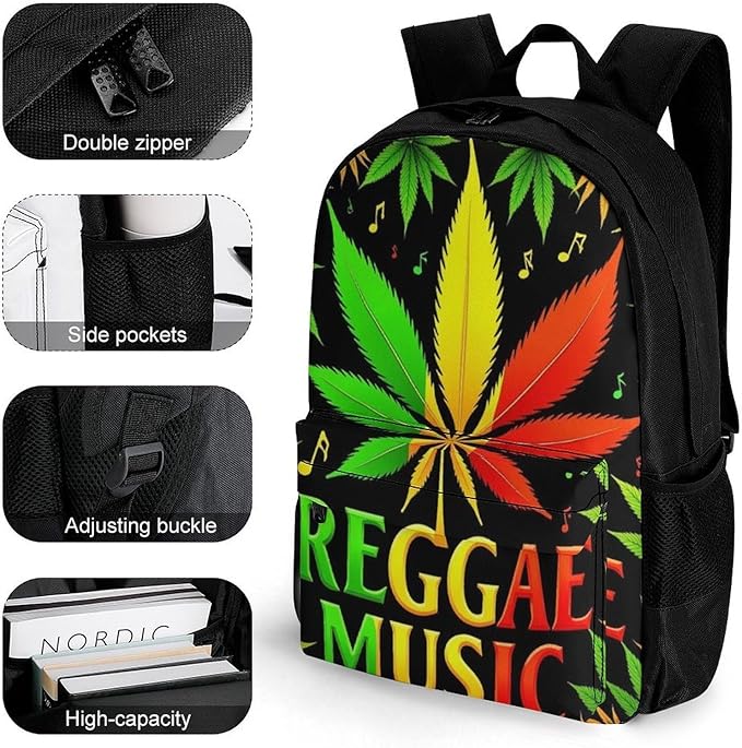 Polyester Daypack Backpack for Trekking Picnic Walking Cycling, Large Capacity Anti-Theft Multipurpose Shoulder Bag, Rasta Flag Weedleaf Leaves Reggae Music Casual Daypack