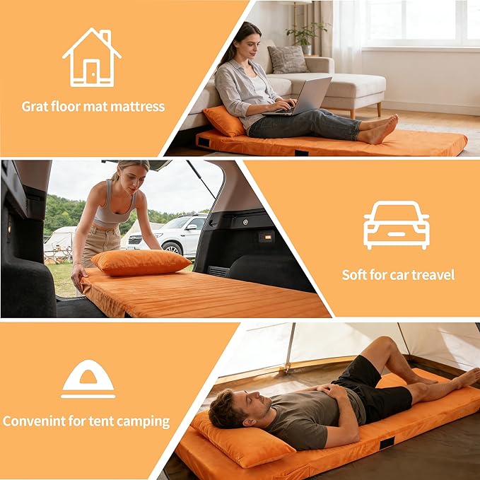 3 Inch Memory Foam Camping Mattress Pad, Dual Layer Thick Sleeping Camp Mat for Sleepover Car Tent, Portable Roll Up Mattress for Adults with Travel Bag