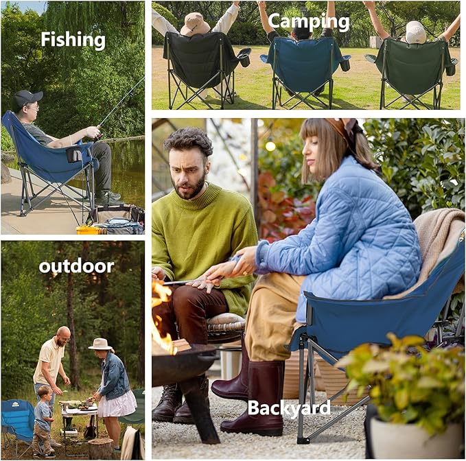 Oversized XL Padded Camping Chair Wide Heavy Duty Lawn Chairs Support 450 LBS Portable Folding Gaint Camp Chair with Side Pocket Cup Holder for Outdoor Outside Sports Baseball-Black&Grey