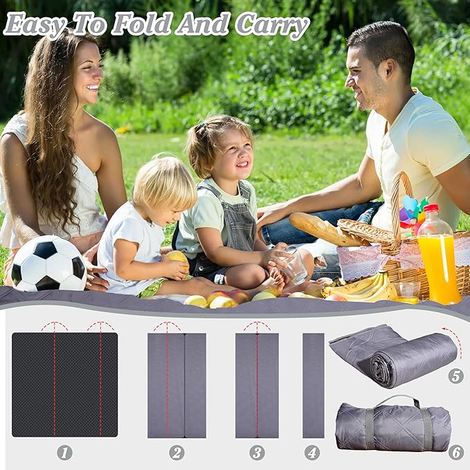 Waterproof Picnic Blanket 80 * 80 in Portable with Carry Strap for Beach Mat or Family Outdoor Camping Party, Park Blanket for Grass Park, Hiking, Travel