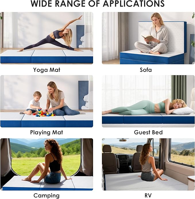 6 Inch Tri-Fold Mattress Queen Size, Portable Memory Foam Guest Bed with CertiPUR-US Certified Cooling Gel & Washable Cover, Folding Mattress for Camping, Dorm, RV & Living Room