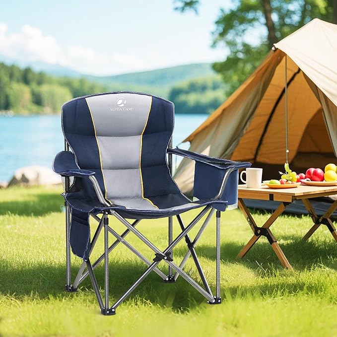 HIGH POINT SPORTS Oversized Portable Camping Folding Chair, Heavy Duty Portable Lawn Chairs, Folding Chairs for Outside with Cup Holder and Cooler Bag for Camp, Travel, Support 450 LBS, 2 Pack,Blue