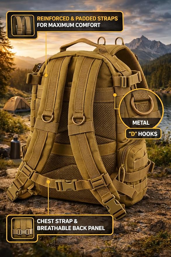 Tactical Backpack 25L Military MOLLE Assault Pack – Waterproof EDC Backpack for Hiking, Camping, Travel & Survival Gear, Bug Out Bag (Coyote Brown/Military Tan)