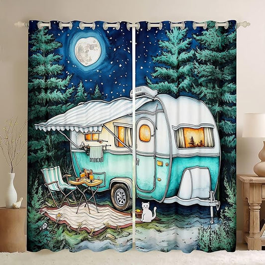 Cartoon Camper Window Drapes,Starry Sky Moonlight Pine Tree Natural Blackout Curtains,RV Trailer Summer Adventure Nursery Bedroom Playroom Decor,Teal 2 Panels,52Wx63L inch