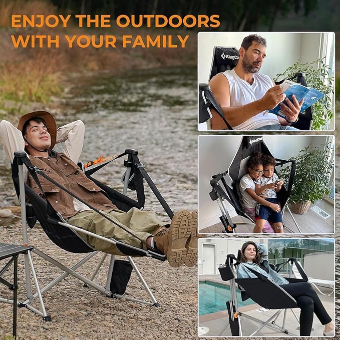 KingCamp Hammock Chair with Footrest, Swinging Portable Folding Camping Chairs for Adults MAX 440lbs Heavy Duty Foldable Oversized Rocker with Cup Holder Pillow for Outdoor Beach Patio Sport Lawn