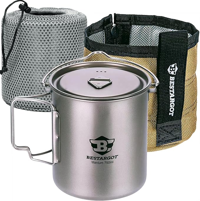 Bestargot Camping Titanium Pot, 750ml Outdoor Cup with Insulation Cup Carrier, Titanium Camping Drinkware, 132g Lightweight and Large Capacity (750 titanium)