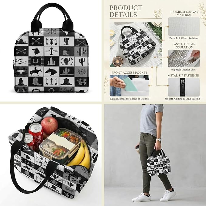 Western Retro Denim Insulated Lunch Bag Bear Deer Bird Nature Landscape Cactus Thermal Tote Portable Size (04)