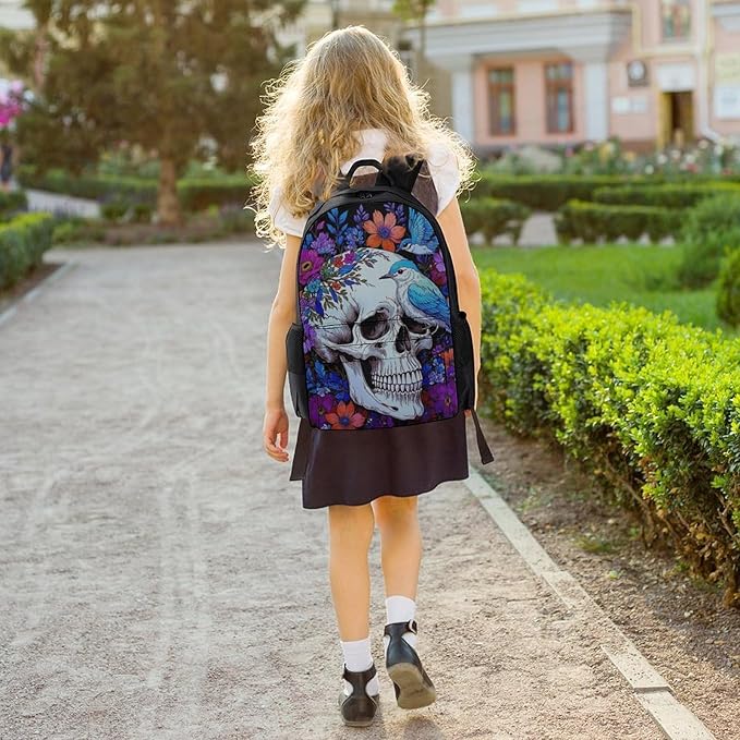 Polyester Daypack Backpack for Trekking Picnic Walking Cycling, Large Capacity Anti-Theft Multipurpose Shoulder Bag, Hippie Skull Florals Bird Art Casual Daypack