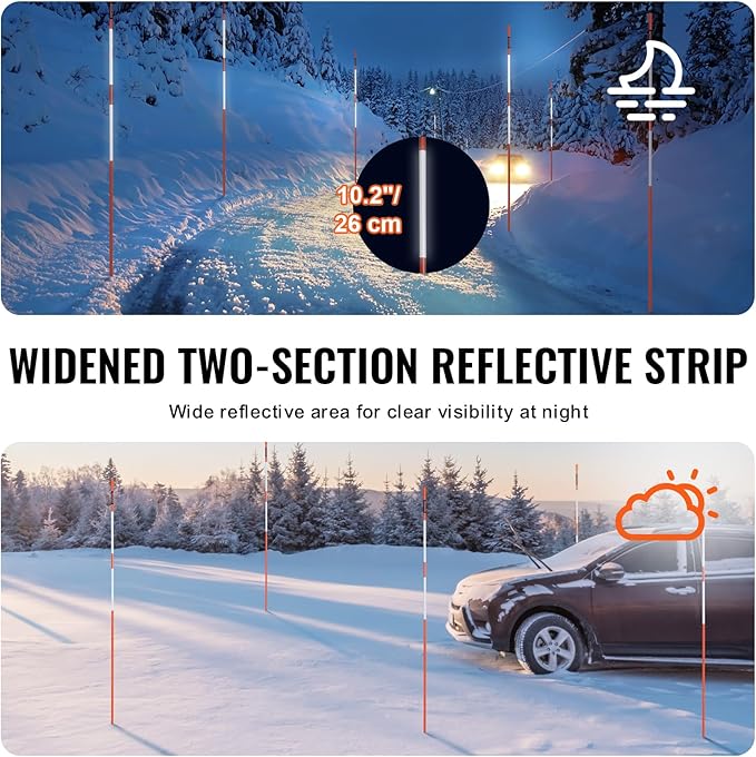 VEVOR Driveway Markers, 50 PCS 48 inch, 0.31 inch Diameter, Orange Fiberglass Poles Snow Stakes with Reflective Tape, 12" Steel Drill Bit & Protection Gloves for Parking Lots, Walkways Easy Visibility