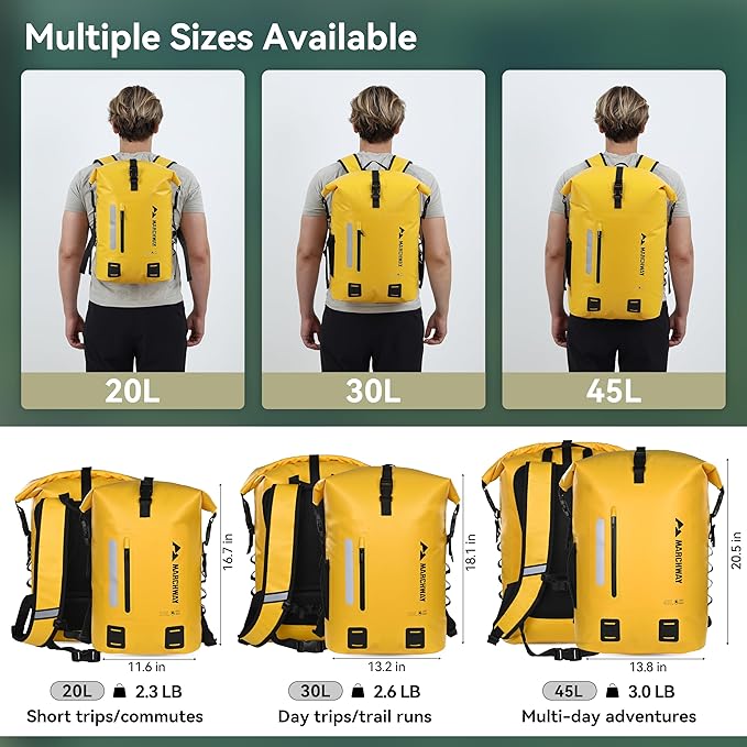 MARCHWAY Roll Top Waterproof Backpack, Floating Dry Bag 20L/30L/45L with Ergonomic Rectangular Base, Cushioned Back, Hip Strap for Hiking Camping Kayaking Travel (Yellow, 45L)