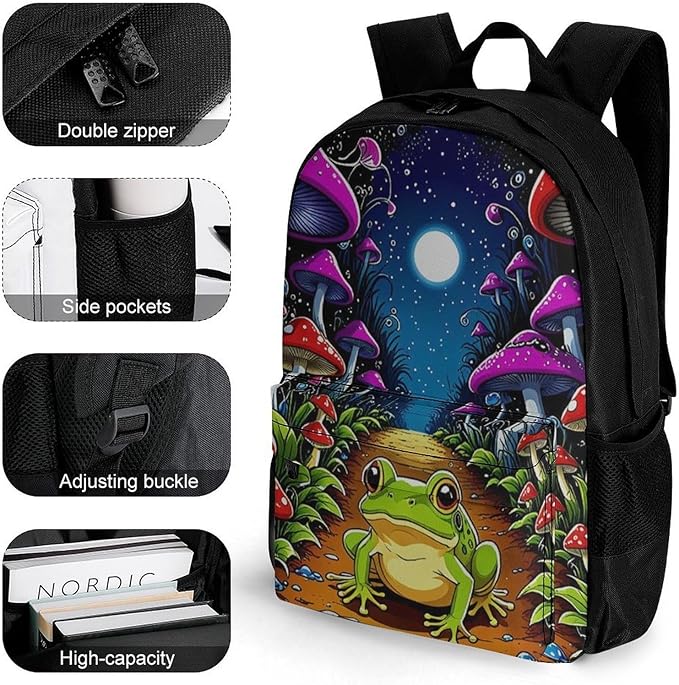 Supdreamc Casual Daypack Multipurpose Anti-Theft Large Capacity Carry On Bag, Psychedelic Magic Mushrooms Frog Trippy Art Casual Daypack Climbing Shoulder Bag With Padded Straps