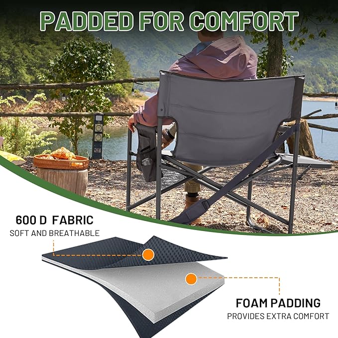 Timber Ridge XXL Foldable Directors Chair with Side Table, Extra Wide Camping Chairs for Adults Heavy Duty Supports 500 lbs, Oversized Folding Lawn Chair for Picnic Beach Sports Fishing, Grey