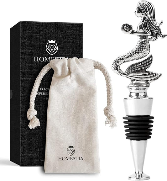 Homestia Wine Stoppers for Wine Bottles, Mermaid Wine Beverage Bottle Stopper, Stainless Steel Reusable Wine Corks with Silicone Seal, Bottle Cover Leak proof Keep Fresh