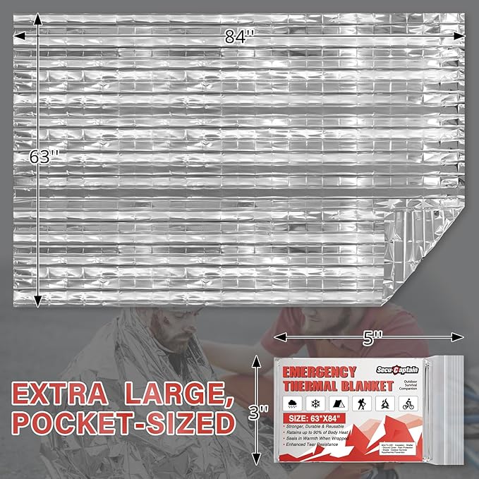 SecuCaptain Survival Emergency Thermal Blankets: 25 Pack Extra Large 84” x63” Space Mylar Blanket Kit for Outdoor Cold Winter Camping Hiking Car Bug Out Bag or First Aid