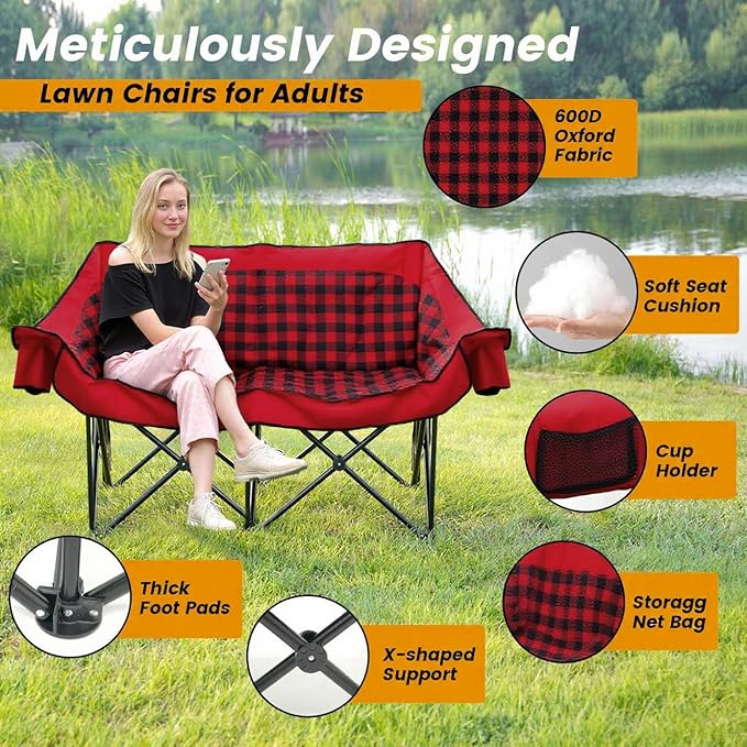 QUYUAN Double Camping Chair for Adult, Heavy Duty Folding Chair for 800lbs, Comfortable Lawn Chairs with Fully Padded, Camp Chairs for Outdoor Sports, Fishing, Concerts, Beach, Red Camping Loveseat