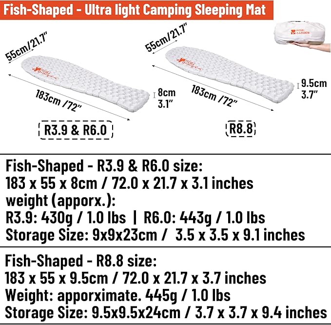 3.9/6.0/8.8 R-Value Camping Sleeping Pad for Cold Weather, Ultralight Camping Air Mattress for All Season, Insulated Inflatable Sleeping Mat for Backpacking,Hiking,Outdoor, with Air Pump Sac