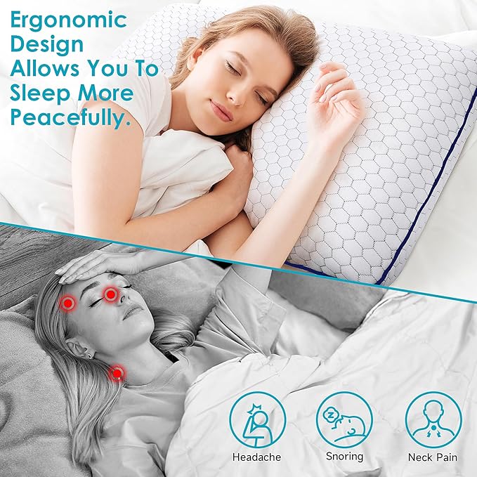Memory Foam Pillows for Side, Back and Stomach Sleepers, Set of 2, Bed Pillow with Washable Cover and Breathable Mesh, Bed Pillow for Sleeping (Grey，King Size)