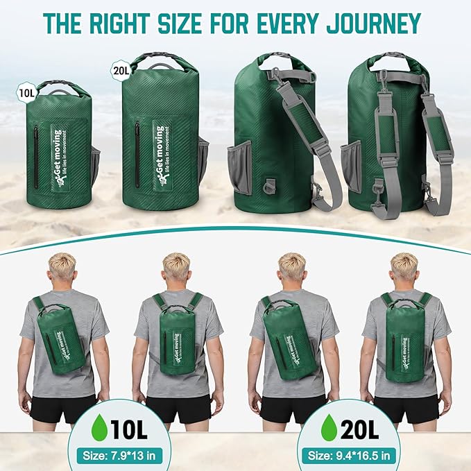 BKNOOU Dry Bag Waterproof for Women Men, 10L/20L Roll Top Lightweight Dry Storage Bag Backpack for Travel, Kayaking, Boating, Rafting, Camping, Hiking and Beach, with Phone Case (Military green, 20L)